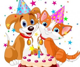 Cat and dog with birthday cake vector