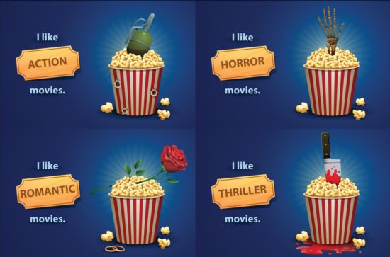 Cinema and popcorn buckets vector background 10