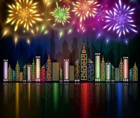 City night with fireworks background vector 04