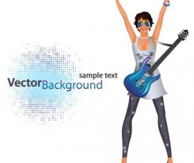 Fashion girl and guitar background vector 01