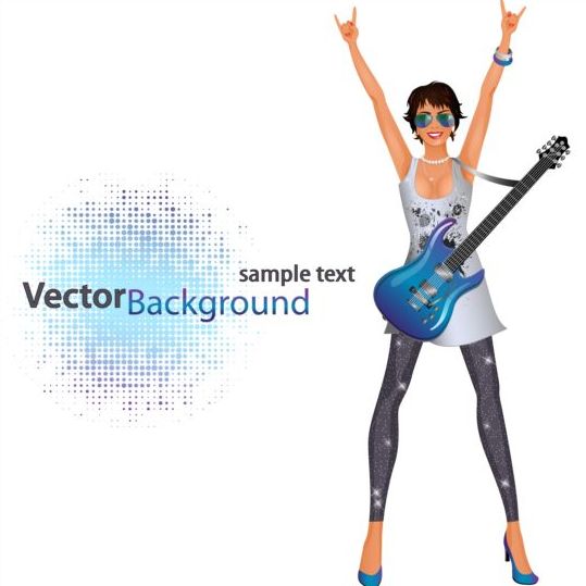 Fashion girl and guitar background vector 01