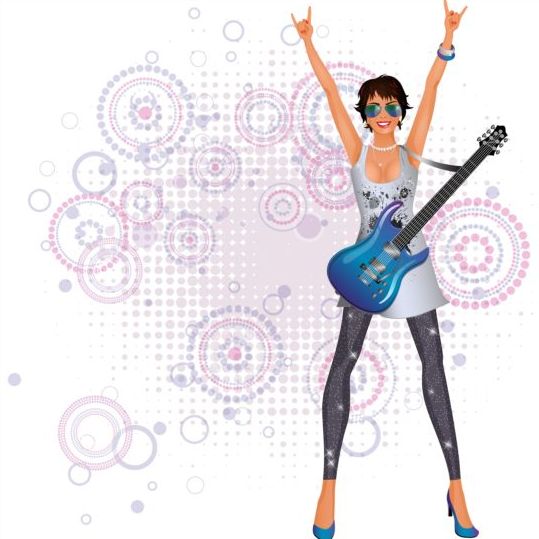 Fashion girl and guitar background vector 02