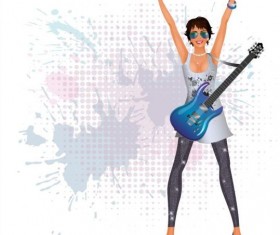 Fashion girl and guitar background vector 03
