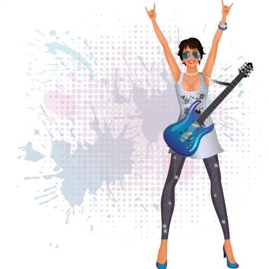 Fashion girl and guitar background vector 03