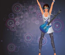 Fashion girl and guitar background vector 04