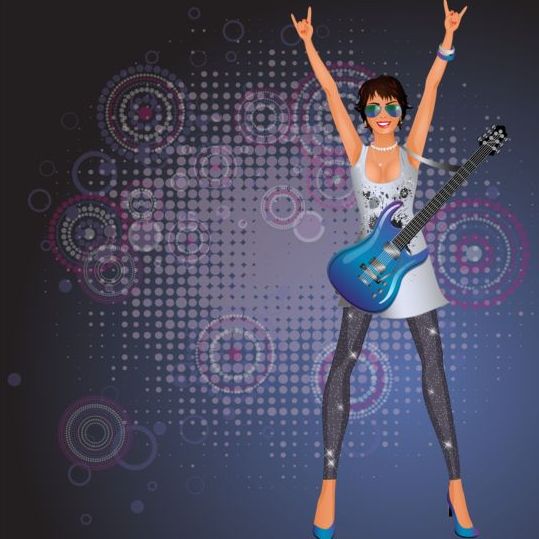 Fashion girl and guitar background vector 04