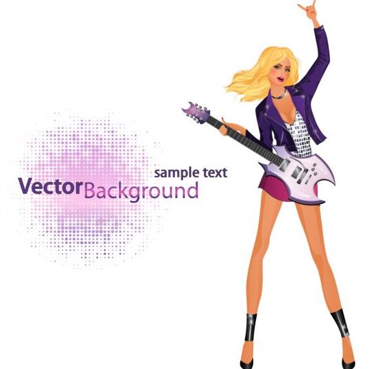 Fashion girl and guitar background vector 05