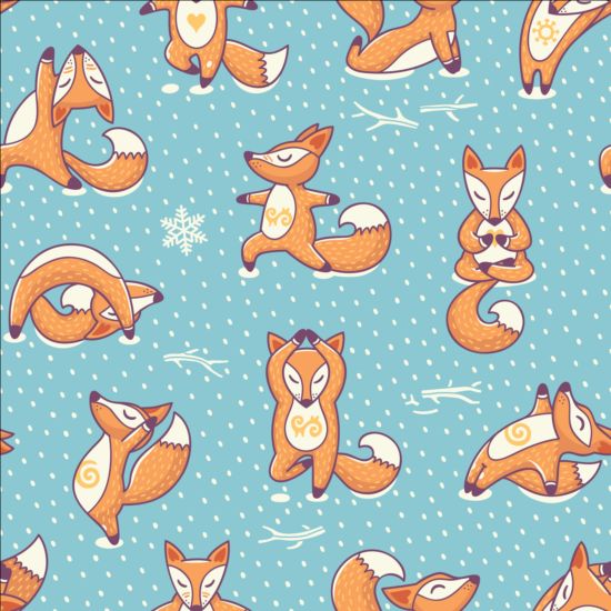 Foxes yoga poses with seamless pattern vector