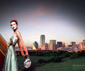 Girl with city background PSD graphic