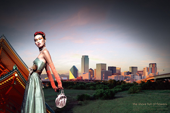 Girl with city background PSD graphic