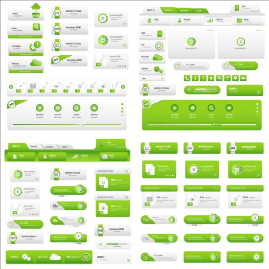 Green website menu with buttons vector set