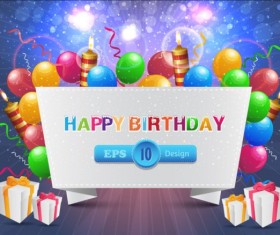 Happy birthday caed with baroon and gift vectors