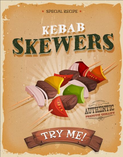 Kebab skewers vintage poster vector