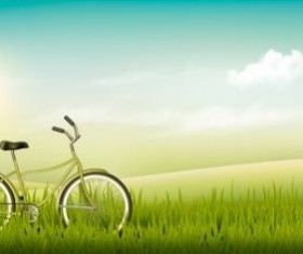 Nature summer background with green grass and bike vector 01