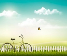Nature summer background with green grass and bike vector 02