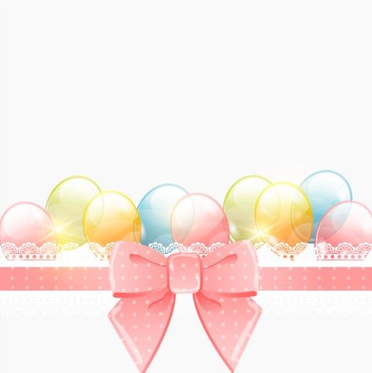 Pink bow with birthday card and colored balloon vector