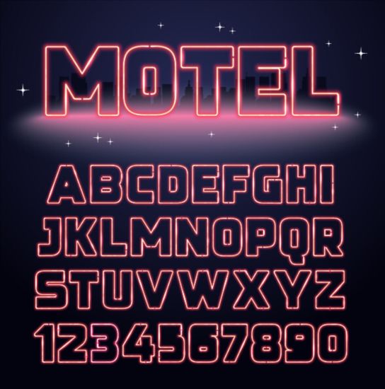 Purple neon alphabet with numbers vector