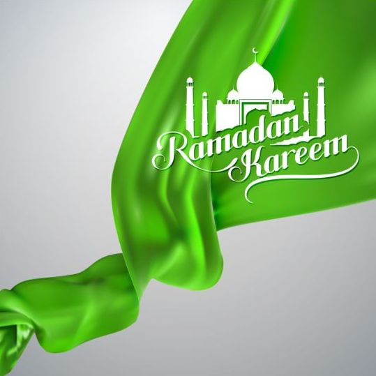 Ramadan kareem background with green silk fabric vector 01