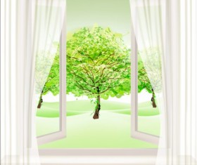 Summer nature background with open window and green trees vector