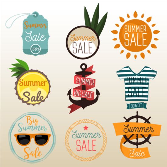 Summer sale flat badges with banners and labels vector