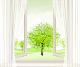 Summer windows and green trees vector background
