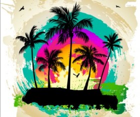 Tropical summer palm with grunge background vector 01