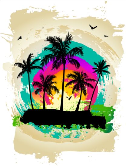 Tropical summer palm with grunge background vector 01 free download