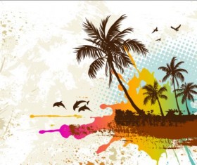 Tropical summer palm with grunge background vector 02