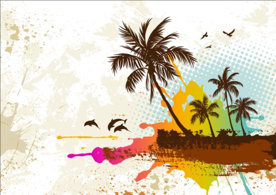 Tropical summer palm with grunge background vector 02