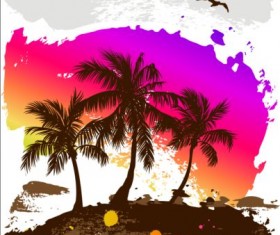 Tropical summer palm with grunge background vector 03
