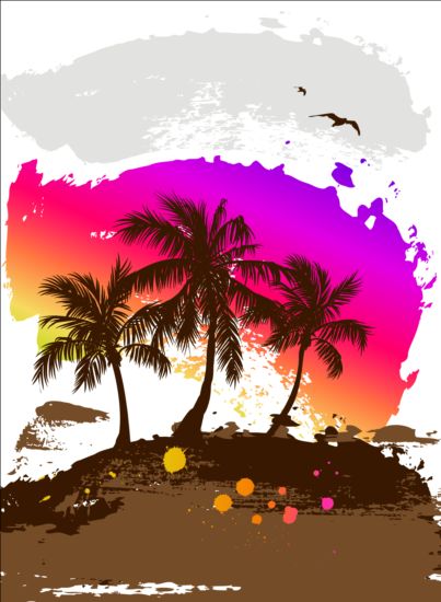 Tropical summer palm with grunge background vector 03