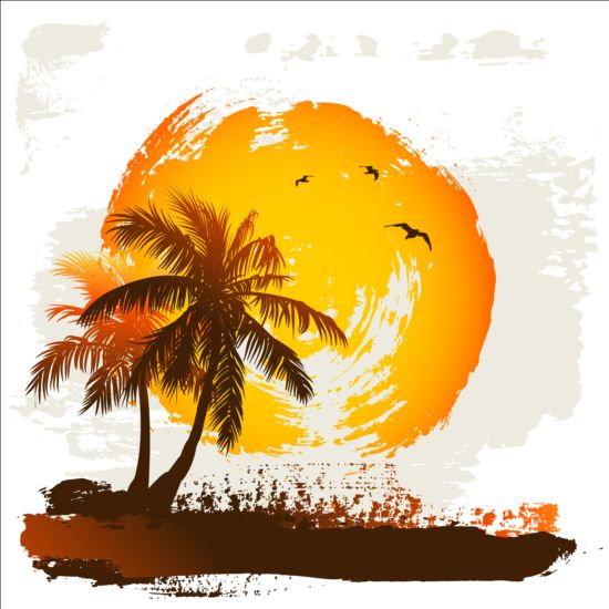 Tropical summer palm with grunge background vector 04 free download