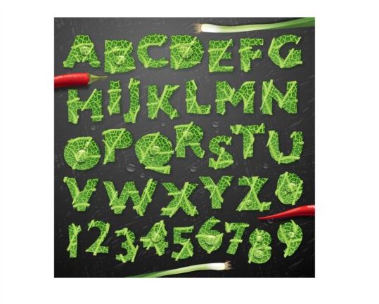 Vegetables leaves alphabet vector set