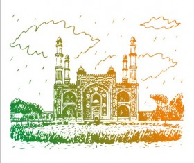 Vintage building hand drawn vector set 04