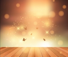 Wooden deck and sunset with butterflies vector background