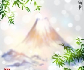 blurred mountain scenery with bamboo background vector