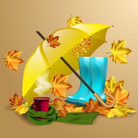 Autumn leaves with boots and umbrella vector 01