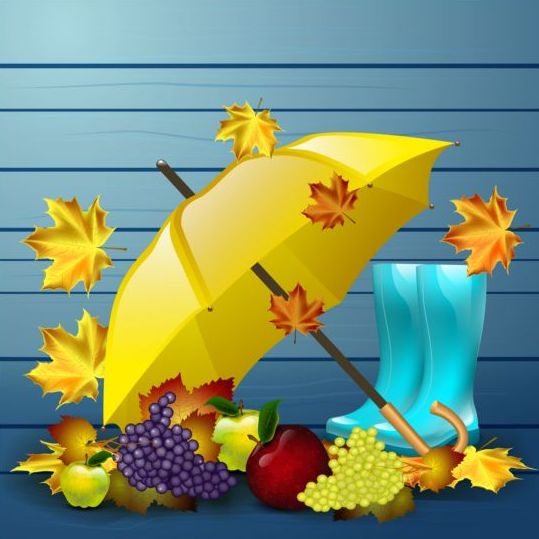 Autumn leaves with boots and umbrella vector 02