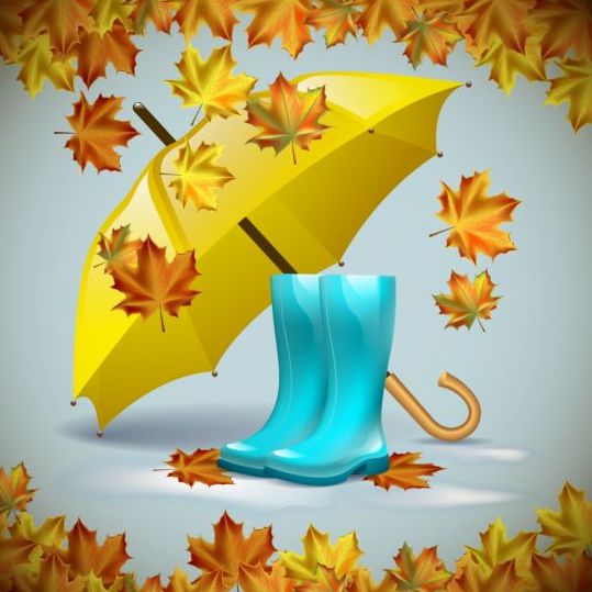 Autumn leaves with boots and umbrella vector 03