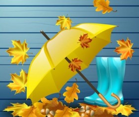 Autumn leaves with boots and umbrella vector 04
