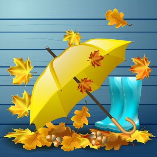 Autumn leaves with boots and umbrella vector 04