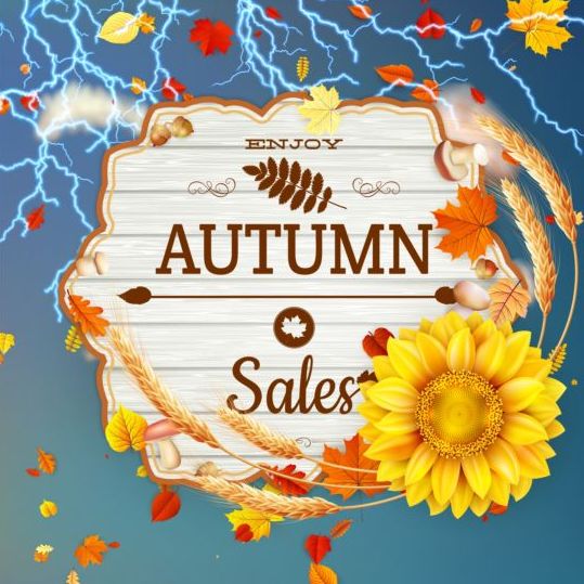 Autumn sale background with lightning and sunflower vector 02