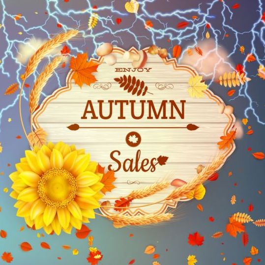 Autumn sale background with lightning and sunflower vector 03