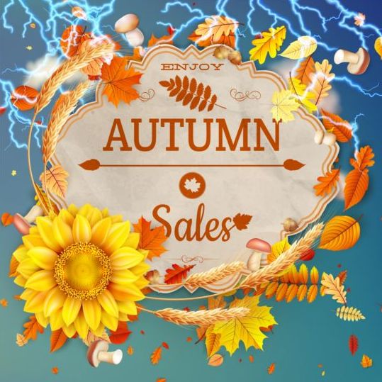 Autumn sale background with lightning and sunflower vector 04