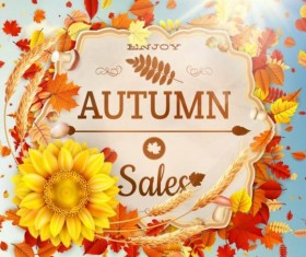 Autumn sale labels with sunflower and leaves background vector 01