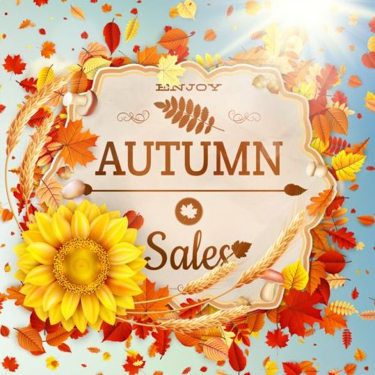 Autumn sale labels with sunflower and leaves background vector 01