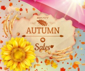 Autumn sale labels with sunflower and leaves background vector 03