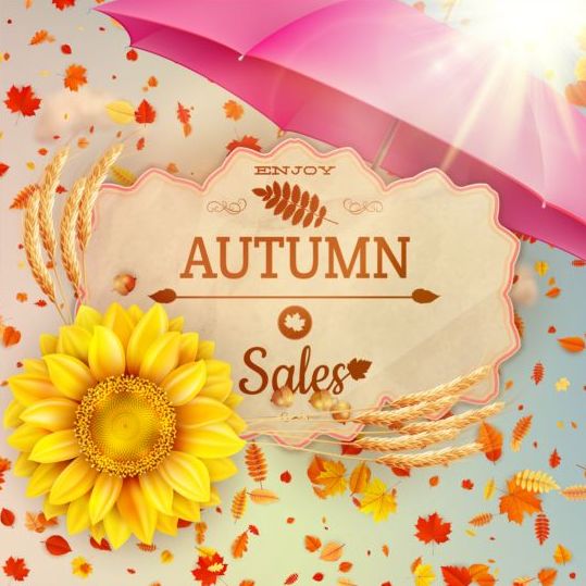 Autumn sale labels with sunflower and leaves background vector 03