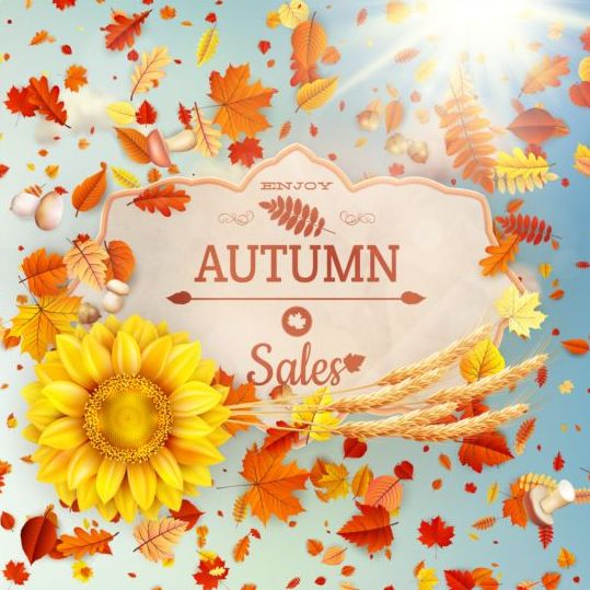 Autumn sale labels with sunflower and leaves background vector 05