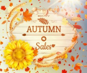 Autumn sale labels with sunflower and leaves background vector 08